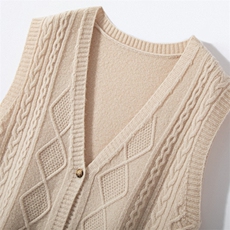 时尚女装V领扭花针织马甲优雅百搭无袖毛衣外套，女装马甲，宏杨羊绒
