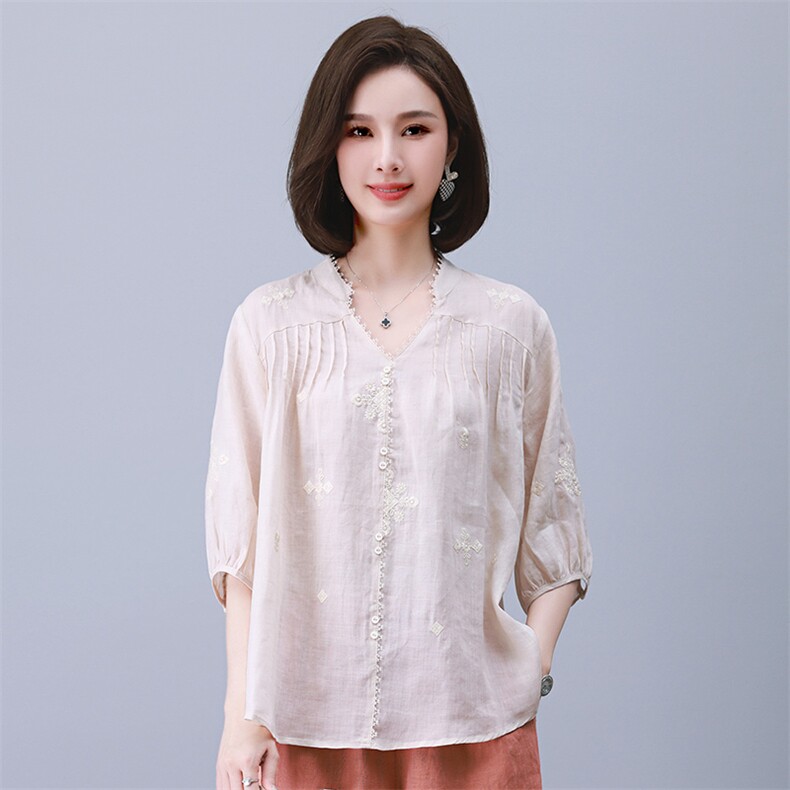 2023夏季纯苎麻刺绣简约气质宽松时尚休闲显瘦舒适上衣,女装衬衫,独衣靓
