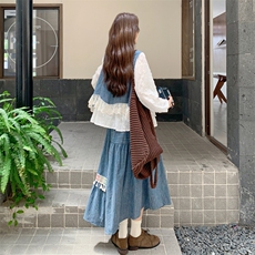 休闲衬衫蕾丝条纹马甲半身裙套装女春秋ootd减龄穿搭巨好看三件套，女装套装/套裙，浙宝217