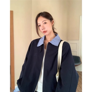 时尚格子拼接翻领开衫夹克女外套秋季新款设计感上衣WL7488-P60图片