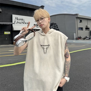 美式运动篮球服连帽卫衣健身带帽背心男夏季无袖坎肩t恤麂皮绒