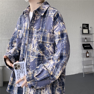 M-8XL美式扎染渐变衬衫工装长袖大码泼墨格子衬衣外套CS9009/P55图片