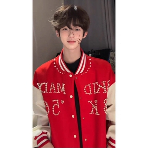 数字款 珍珠红色棒球服撞色夹克外套JK0116-1-P105图片