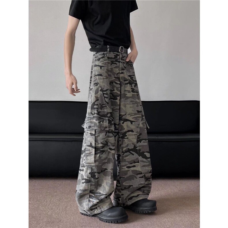 美式复古街头弯刀迷彩阔腿裤男女宽松休闲直筒香蕉工装裤潮Q7645图片