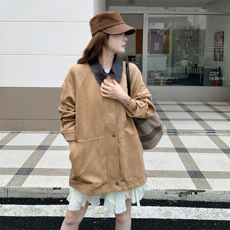 减龄拼皮翻领麂皮绒短外套女春秋2025新款小个子夹克上衣流行爆款,女装风衣,1D103