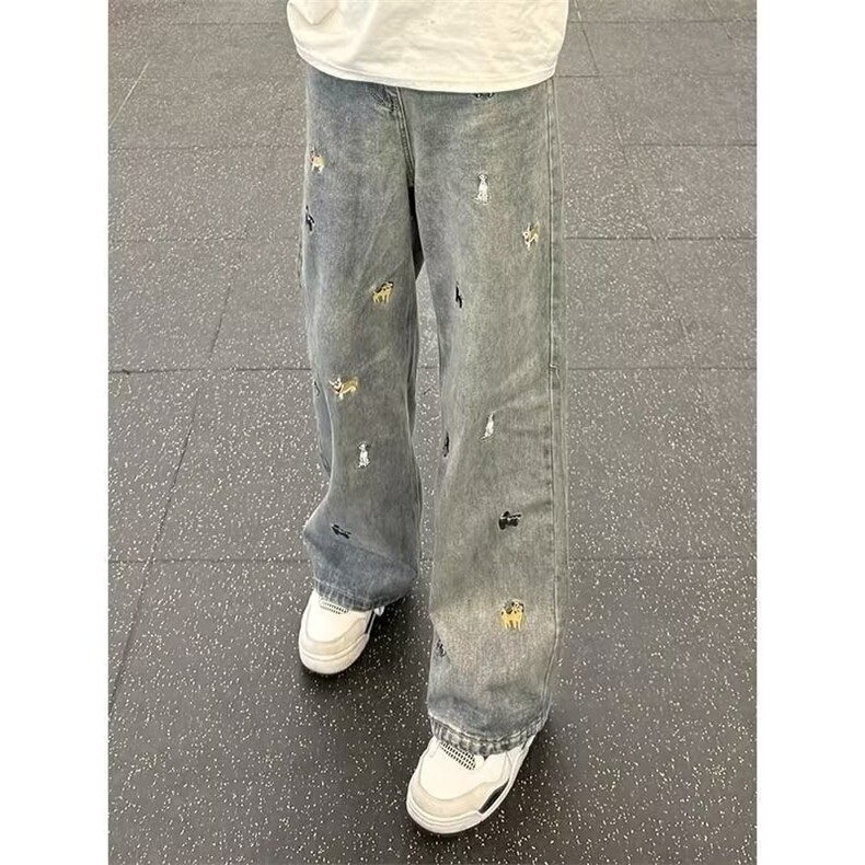 潮牌趣味小狗刺绣水洗牛仔裤男女夏季高街阔腿裤痞帅直筒长裤,男装牛仔裤,星座506A