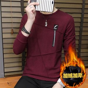 冬季加厚保暖长袖卫衣男外贸打底衫羽毛带圆领套头黑735加绒