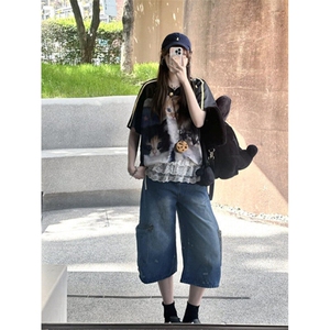 工装风七分牛仔裤女夏宽松大口袋街头哈伦短裤弯刀阔腿裤 N712图片