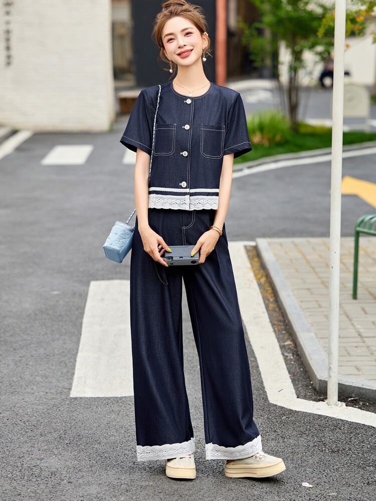 夏日ootd穿搭牛仔套装女2025新款设计感蕾丝拼接上衣阔腿裤两件套,女装套装/套裙,涵墨