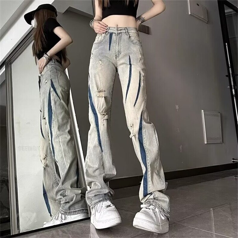 黄泥破洞牛仔裤美式复古vibe风高街裤子男水洗做旧直筒微喇工装裤,男装牛仔裤,星座506A