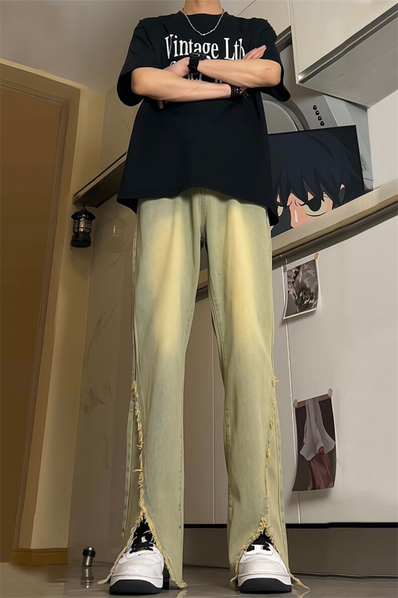 现货24春夏黄泥开叉毛边宽松牛仔裤设计感微喇休闲裤男K5803-P55,男装牛仔裤,星座205