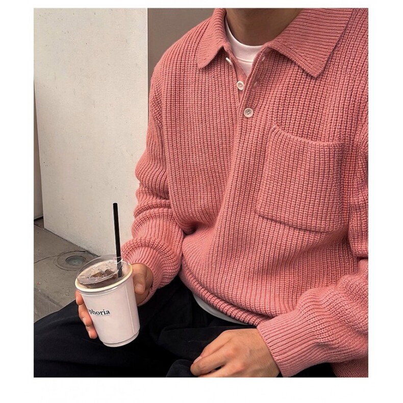 现货 MY57-P80 粉色宽松百搭口袋polo领长袖毛衣针织衫男女图片