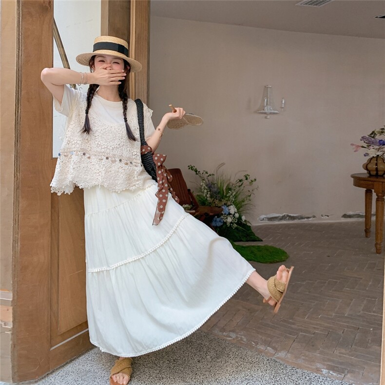 度假风甜美套装裙女2025夏季新款小个子T恤蕾丝马甲半身裙三件套,女装套装/套裙,维壹