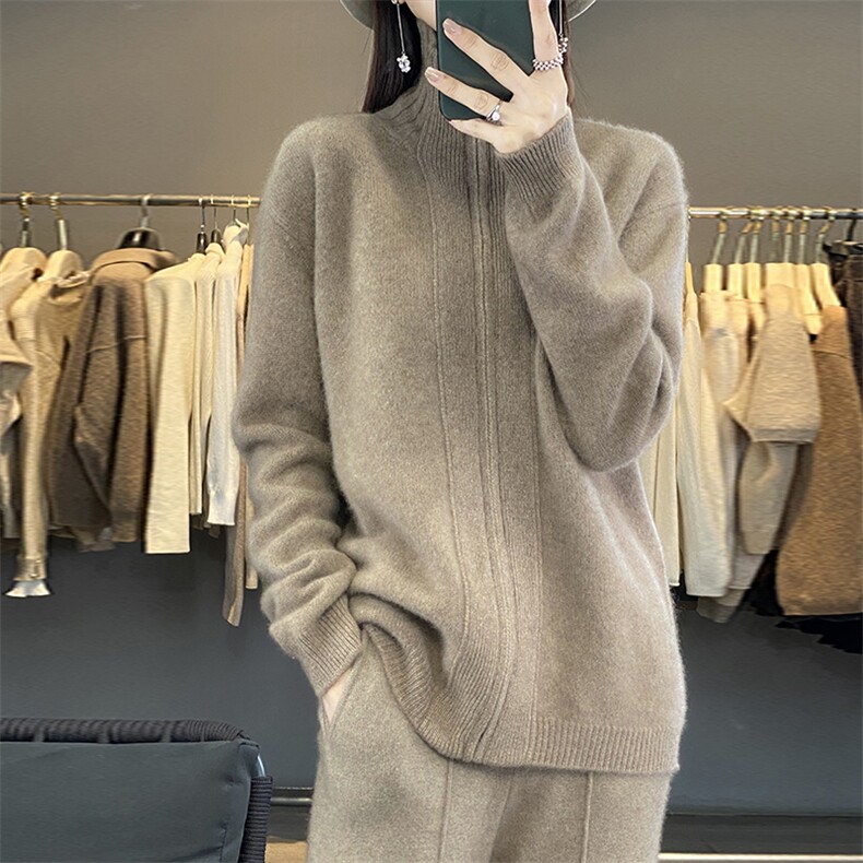 时尚百搭女士羊毛拉链开衫羊毛纯色休闲宽松毛衣外套,女装羊毛衫,暮绒羊羊绒