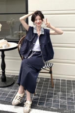 藏青色蕾丝拼接套装裙女2025夏新款休闲时尚工装马甲半身裙两件套，女装套装/套裙，2C323
