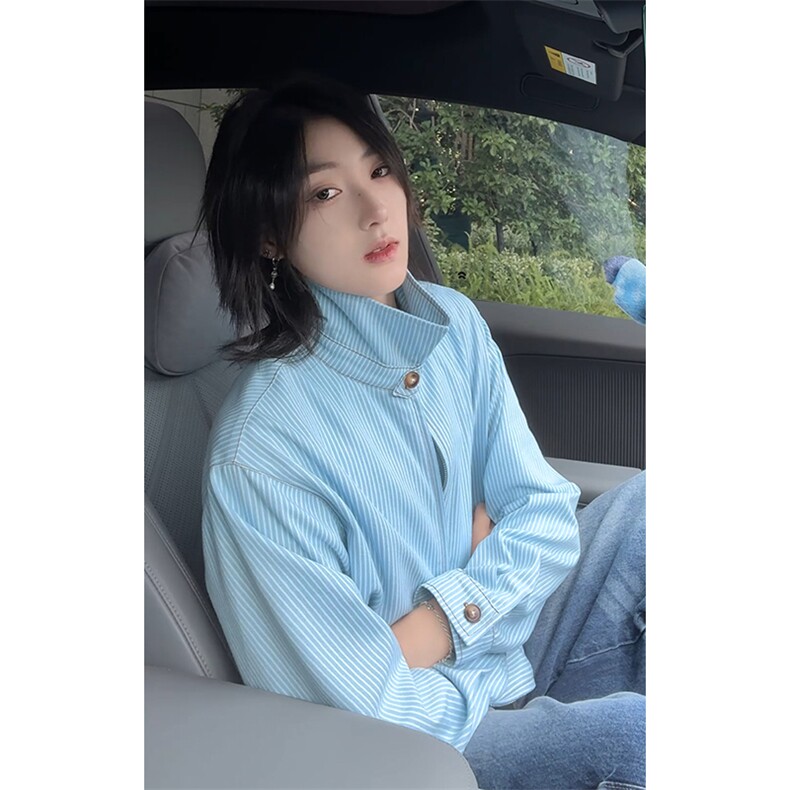 新款慵懒风蓝白条纹翻领开衫大码短款长袖夹克男J5284-特P58控108，男装夹克，电商A001