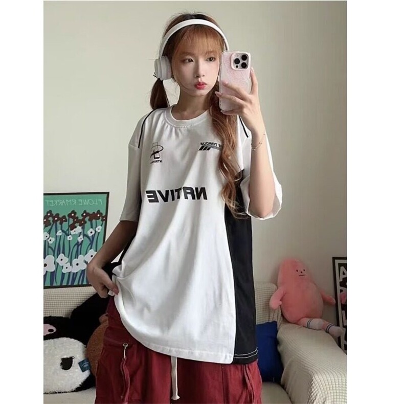 青少年渐变常规非品牌宽松型ins夏季美式潮牌字母印花拼色短袖t恤图片