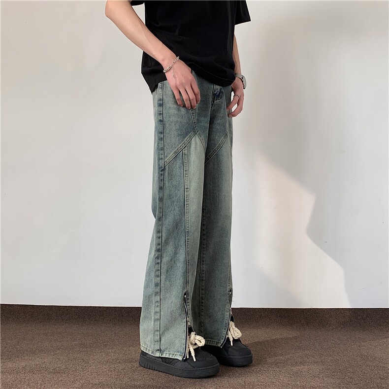 高街美式复古拼接牛仔裤男拉链显瘦垂感裤子S2388/P58,男装牛仔裤,电商B381-1