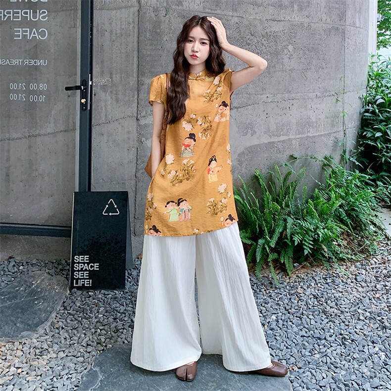 新中式复古印花改良旗袍套装女2025夏新款气质高级感阔腿裤两件套,女装套装/套裙,浙宝305