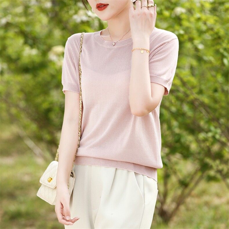 简约风纯色短袖女t恤2025新款宽松显瘦百搭加大针织半袖大码女装，女装T恤，鑫源羊绒