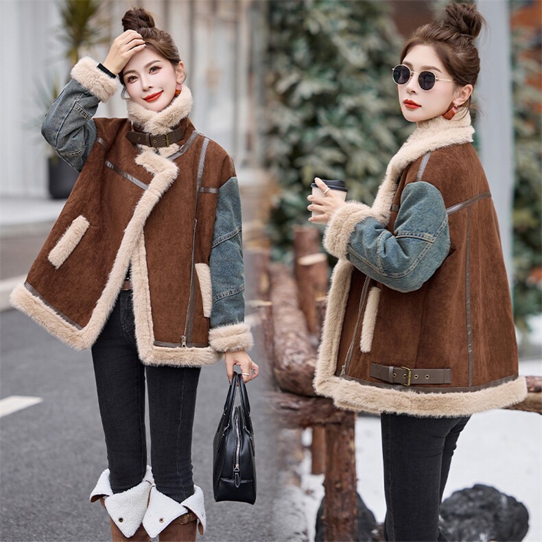 时尚女装牛仔拼接麂皮绒机车服皮毛一体加厚外套，女装皮草，采品优优
