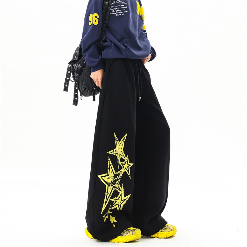 美式慵懒风星星印花弯刀卫裤男女设计感小众宽松bf阔腿爵士舞裤子，男装休闲裤，星座813-2