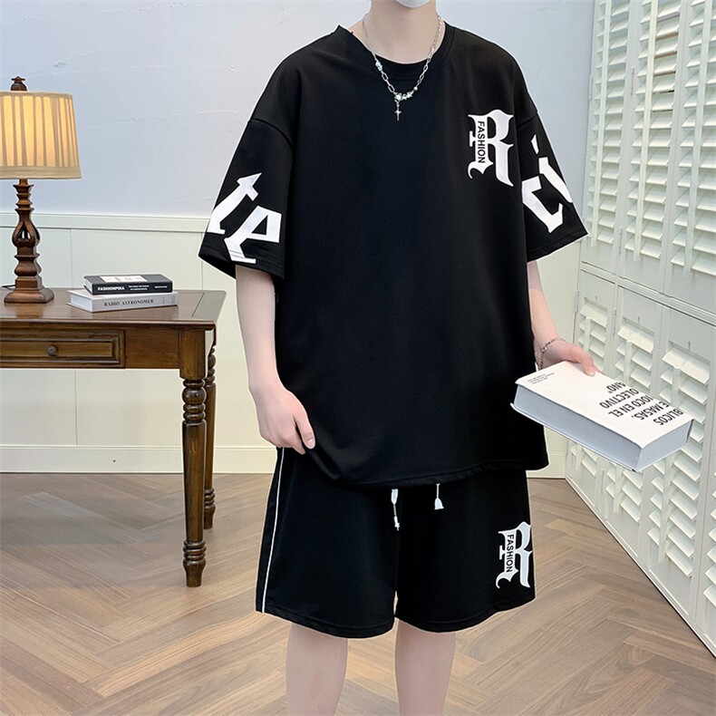 高品质新款夏季短袖T恤套装青少年纯棉宽松潮流男装DF319P65,男装休闲套装,电商A086