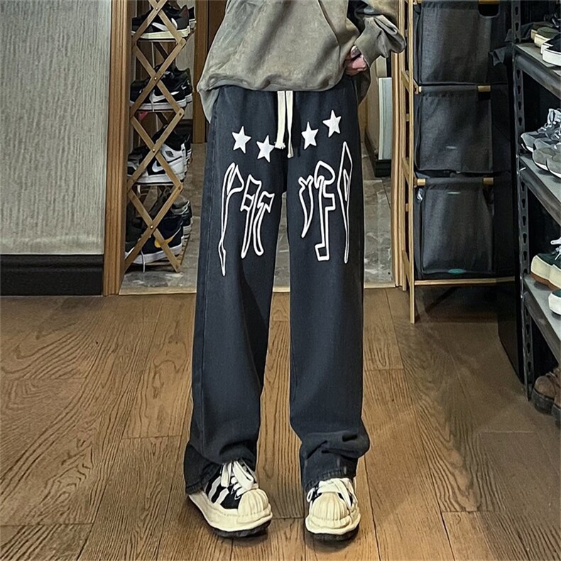 港风气泡符文字母牛仔裤秋季潮牌宽松休闲长裤男女情侣NK806-P45,男装牛仔裤,星座1008-2