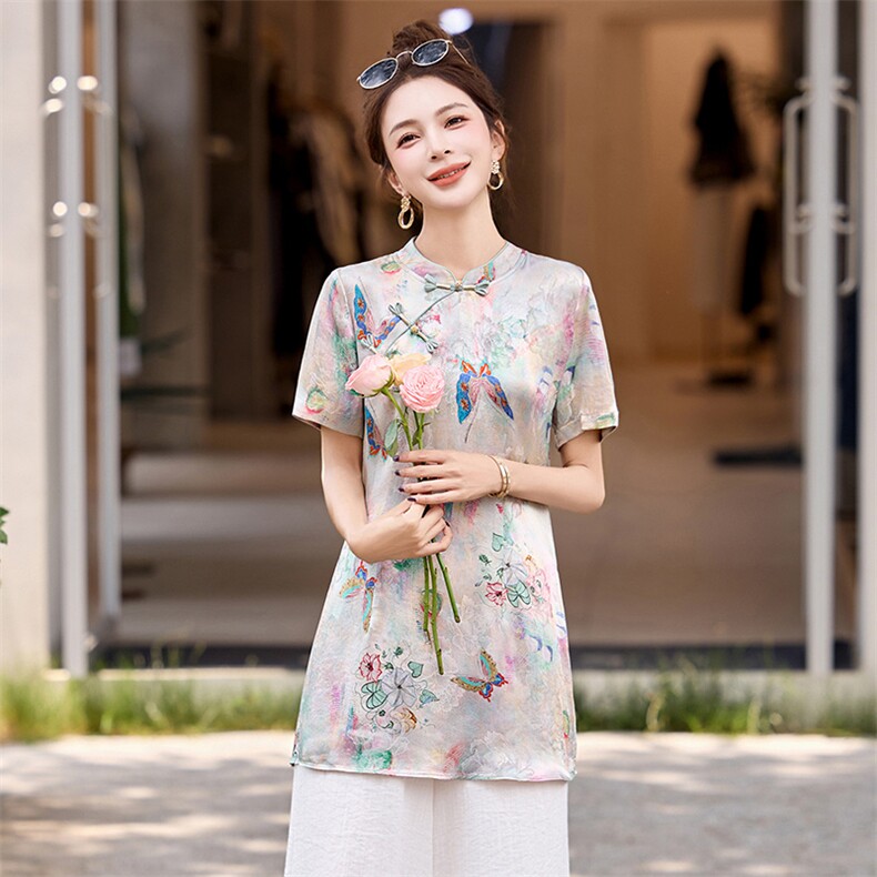 新中式印花改良旗袍女2026夏季新款气质上衣,女装T恤,美沁