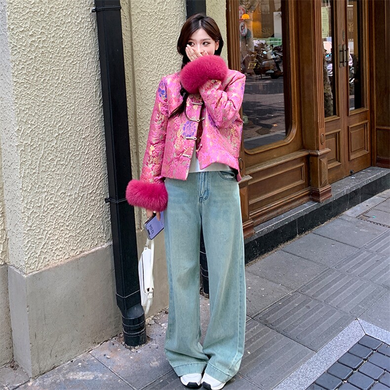 新中式提花圆领短款羽绒外套女配袖口狐狸毛条,女装羽绒服,浙宝189