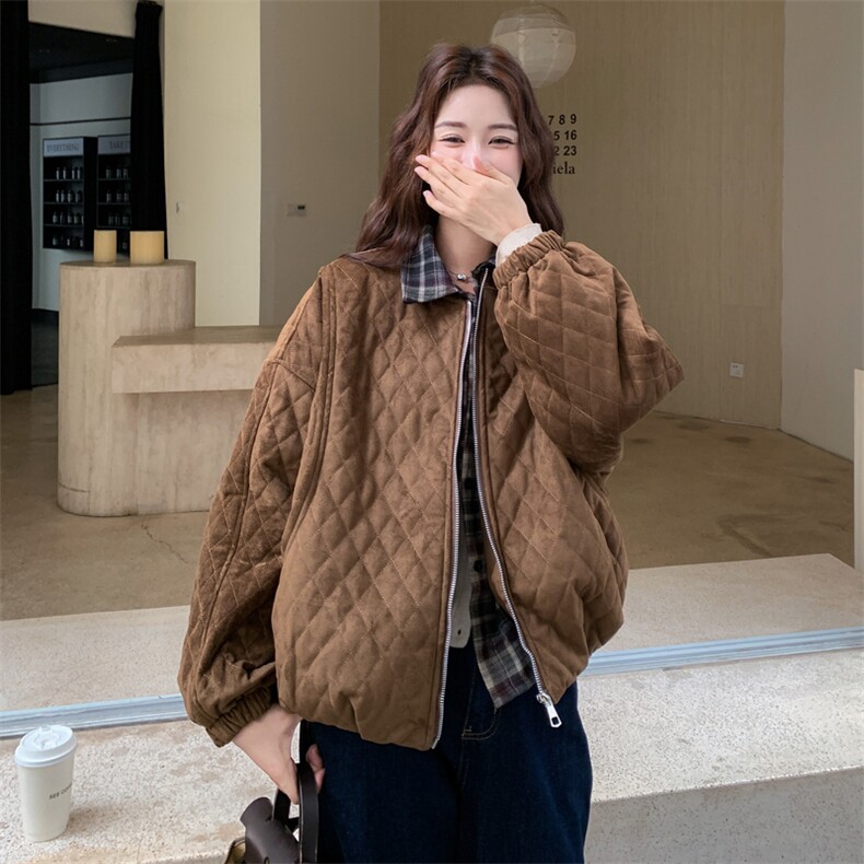 格纹拼接假两件菱格棉服外套女2025冬季新款美拉德复古宽松夹克潮,女装棉衣/棉服,浙宝217