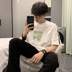 抖音得物高品质二开240克宽松纯棉美式潮牌三条杠织带短袖T恤，男装T恤，电商A486-1