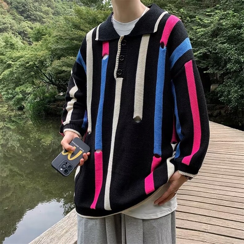2023撞色韩系破洞polo衫男同款宽松中袖高级七分袖设计感针织衫,男装衬衫,星座716-3