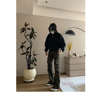 拼接伐木迷彩工装男春季美式复古vibe多口袋宽松直筒微喇休闲裤子图片