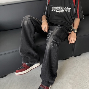 美式复古牛仔裤男夏薄款破洞设计感裤子高街直筒微喇裤N0667-P43图片