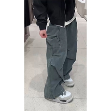 抽绳设计直筒休闲牛仔裤日系百搭高街工装褶皱伞兵裤K646TP55，男装牛仔裤，电商A102B