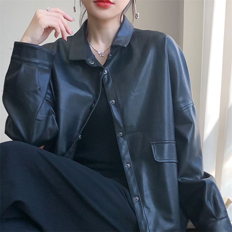 时尚韩版宽松显瘦百搭黑色皮衣外套女秋冬季新款气质休闲上衣,女装皮衣,佳绒高端店