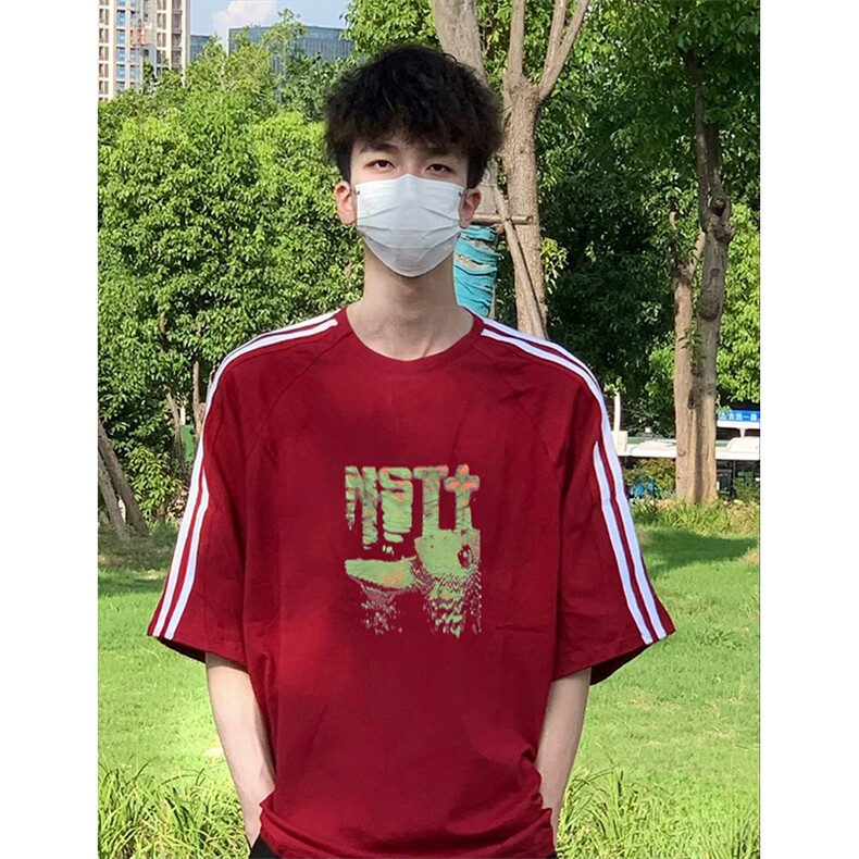 抖音得物高品质二开240克宽松纯棉美式潮牌三条杠织带短袖T恤,男装T恤,电商A486-1