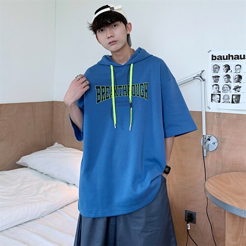 新款优品男士短袖连帽抽绳发泡印花T恤宽松上衣ZDL3207-P53，男装T恤，星座717