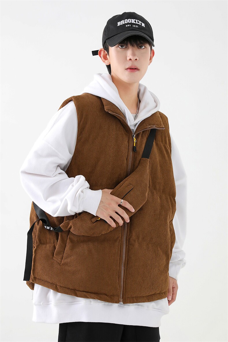 冬季灯芯绒棉马甲男复古加厚立领棉服情侣外套配挎包8516-P70,男装棉衣,电商B306