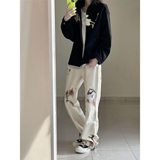【有货】火焰蕾丝白色牛仔裤美式高街vibe微喇裤子B07LL-特P50，男装牛仔裤，星座1007（原301D）