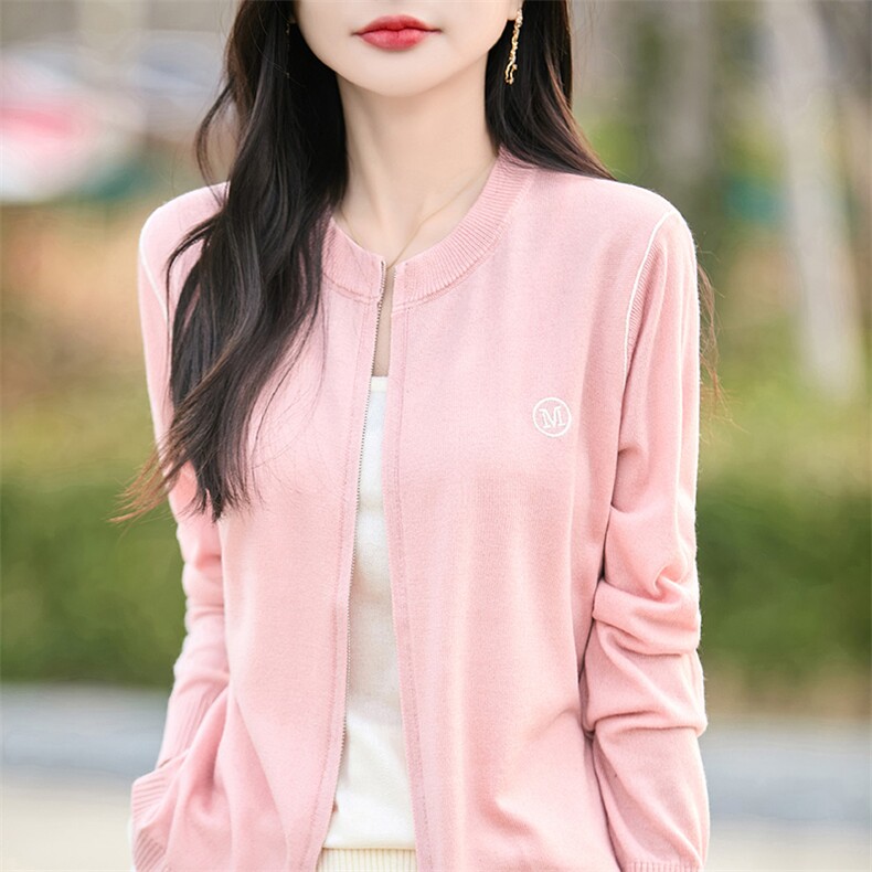 拼色圆领精纺羊毛拉链开衫女假两件刺绣针织毛衣外套宽松套头上衣,针织衫/毛衣,佰米娇羊绒