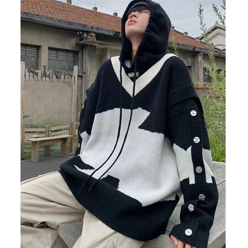 美式复古撞色假两件毛衣针织衫春秋宽松慵懒高级感连帽卫衣外套，男装针织衫/毛衣，星座506A