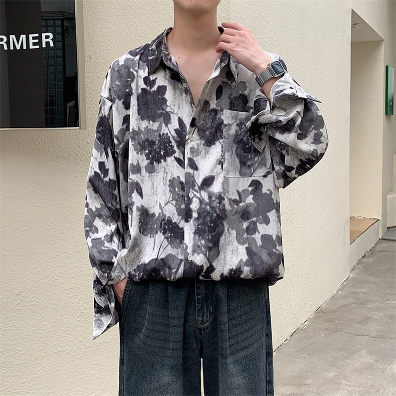 风水墨画高级感上衣男式衬衣复古树叶衬衣男装春225-2-CS705,男装衬衫,星座225-2