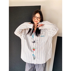 1506-1/CJ081/P46美式复古条纹刺绣长袖衬衫男女宽松休闲情侣衬衣，男装衬衫，星座1506-1