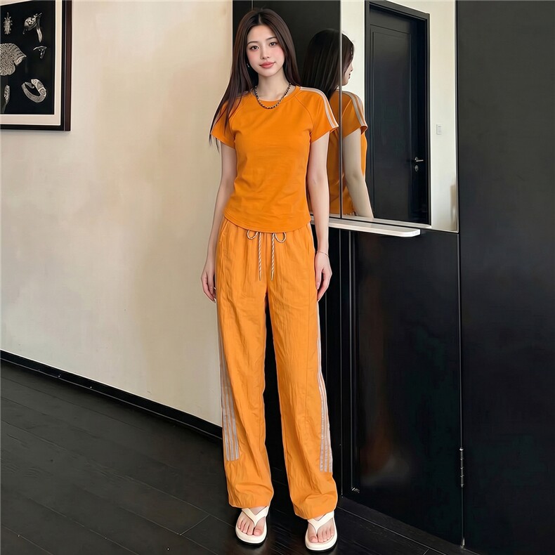 女夏季新款时尚休闲运动套装圆领短袖上衣竖纹拼接阔腿长裤两件套,女装套装/套裙,江南