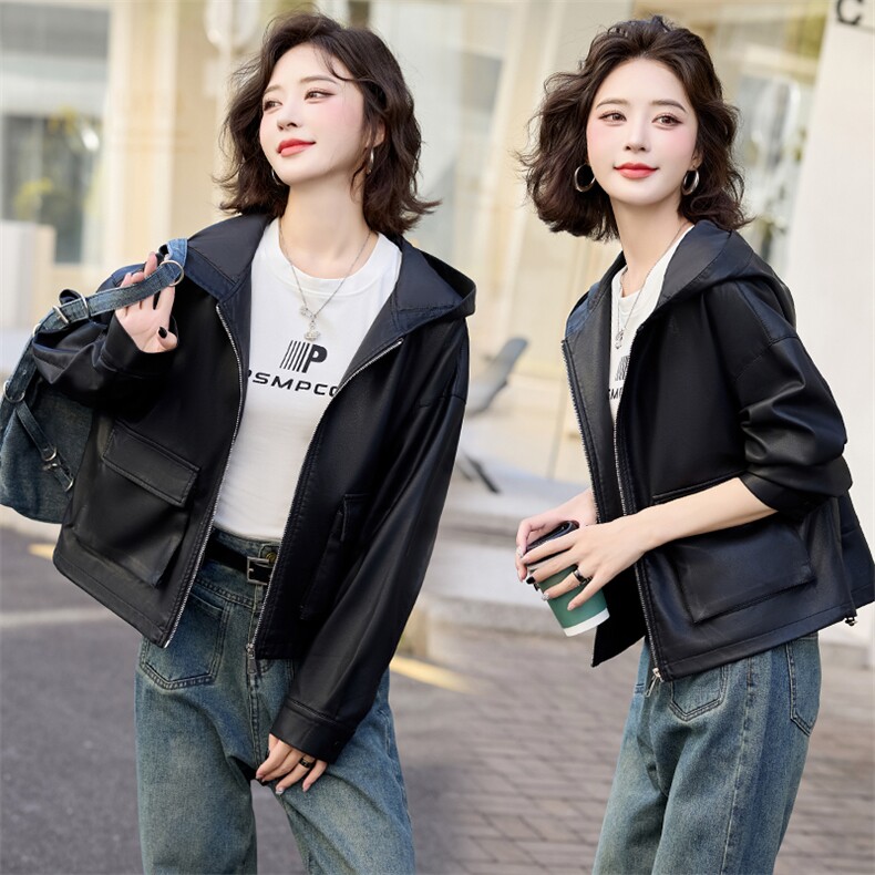 皮衣新款2025年洋气时尚休闲连帽款百搭小上衣,女装皮衣,新感觉