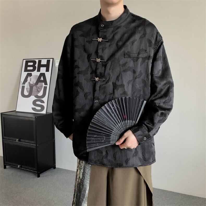 春装2025小众新中式刺绣提花衬衫设计感立领春季立领复古衬衣长袖,男装衬衫,星座909