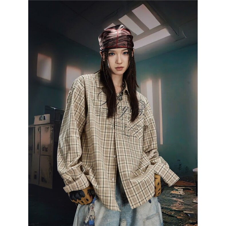 秋季新款美式复古格子长袖衬衫男女潮牌宽松慵懒休闲衬衣，男装衬衫，星座506A