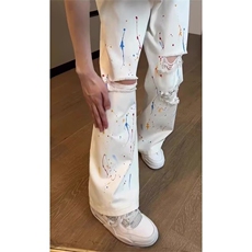 美式高街破洞泼墨牛仔裤男夏季微喇薄款潮牌痞帅炸街显腿直筒长裤，男装牛仔裤，星座506A